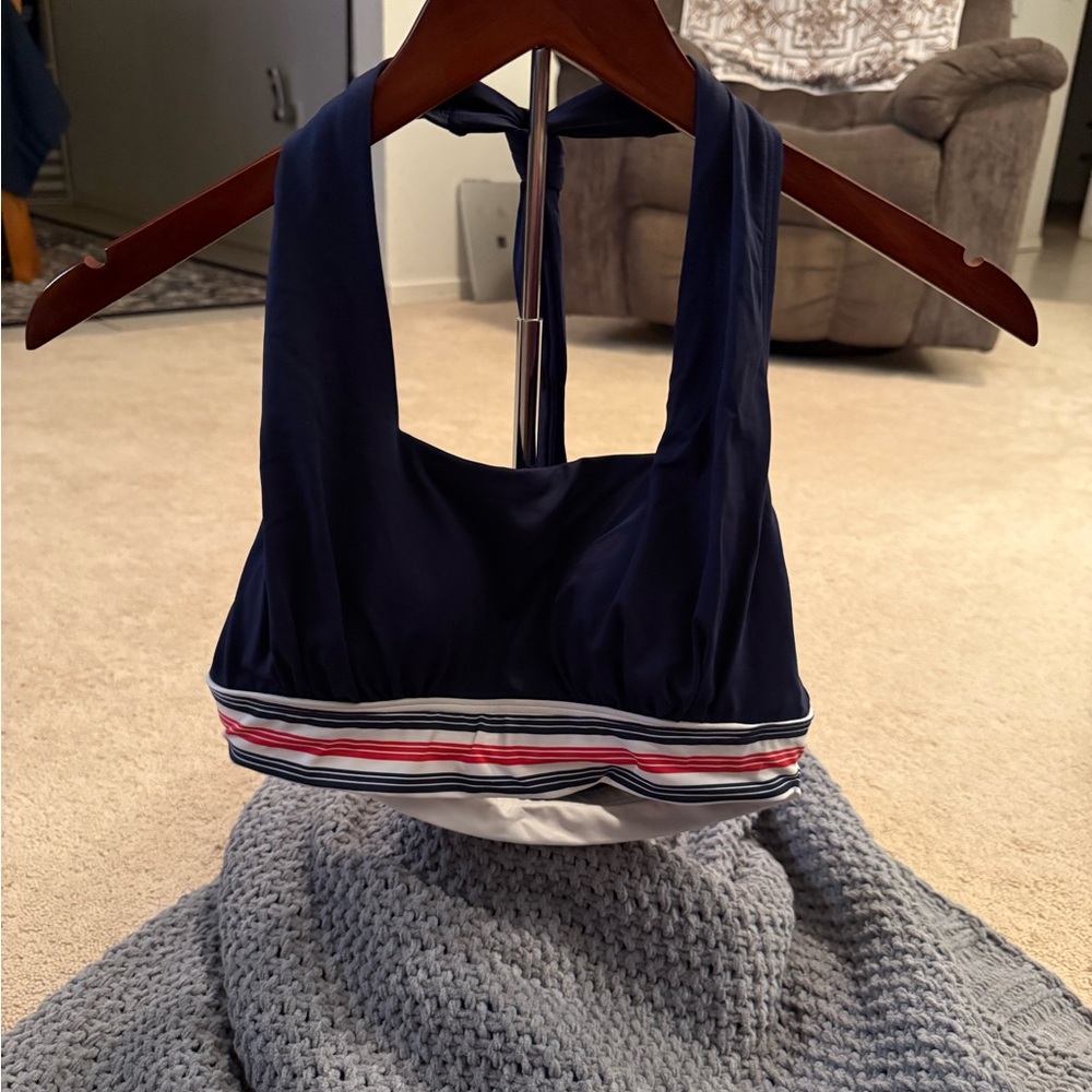 NWT Macy’s Women’s XS Navy Blue Halter Bikini Top with Striped Band